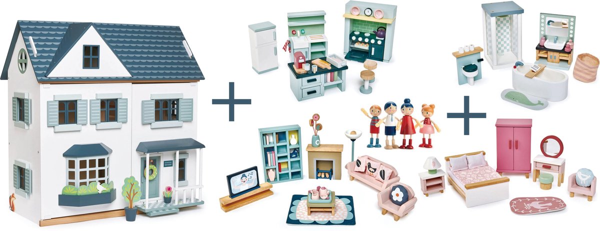 [E] Tender Leaf uniek houten poppenhuis Dovetail XL in neutrale kleuren inclusief houten poppen familie - woonkamer meubeltjes, keuken meubels, badkamer meubels, slaapkamer meubels en badkamer meubels - 68 x 70 cm